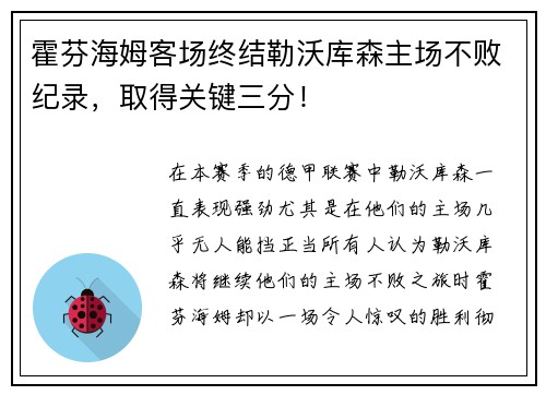 霍芬海姆客场终结勒沃库森主场不败纪录，取得关键三分！